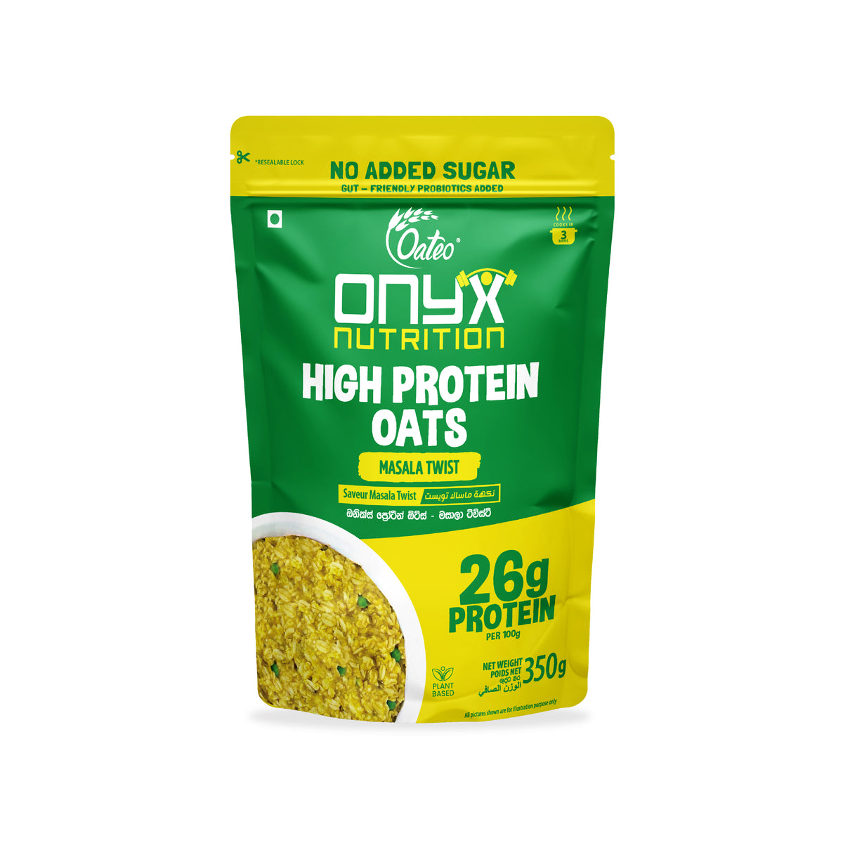 A 350g stand-up pouch of Onyx Nutrition High Protein Oats (Masala Twist) on a plain white background. The packaging features a dark green top half and a bright yellow bottom half, with a clear window showing the yellow-green oats inside.