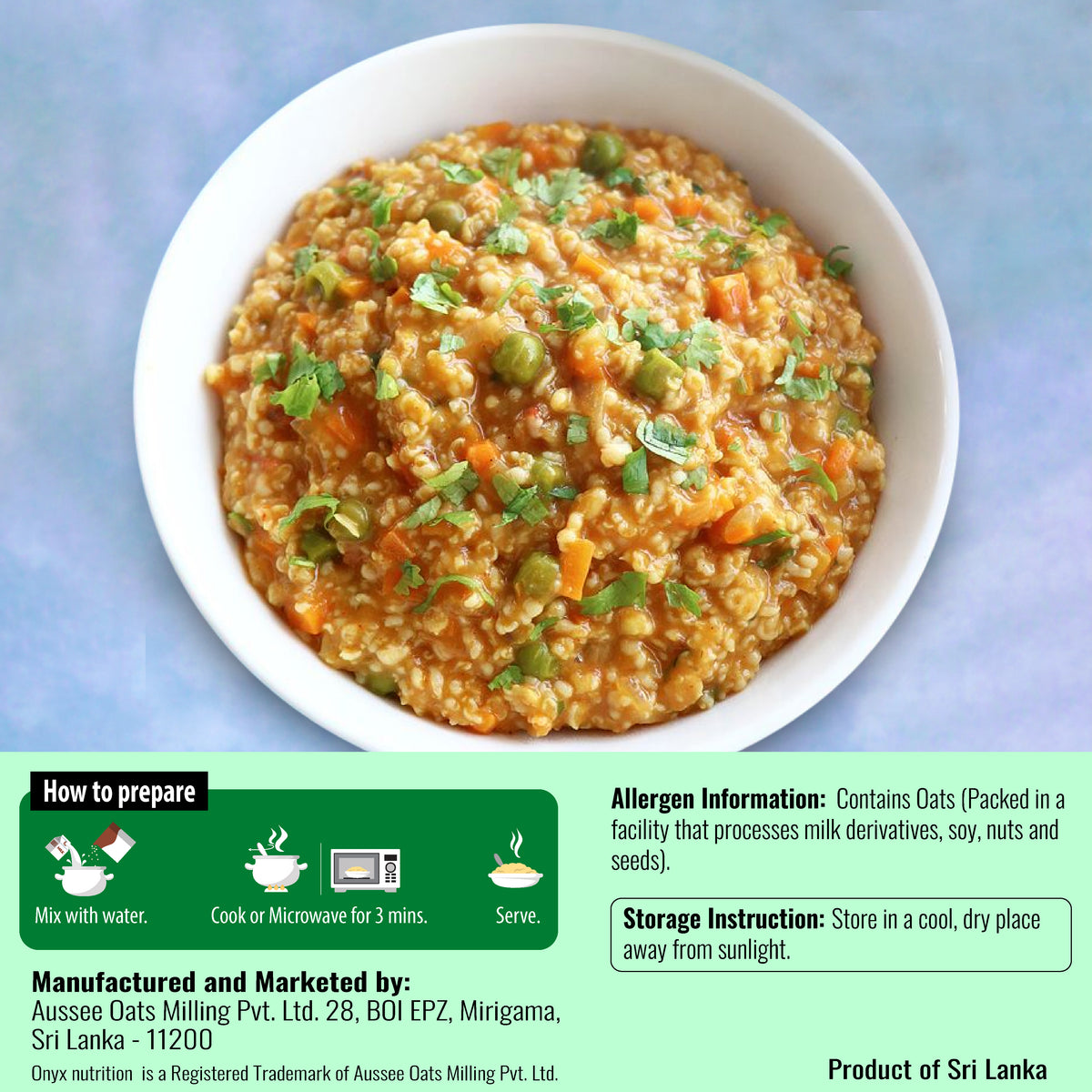 A bowl of oatmeal porridge with visible oats, carrots, peas, and chopped green herbs on a blue background, with a green informational panel showing preparation, allergen info, and manufacturer details.