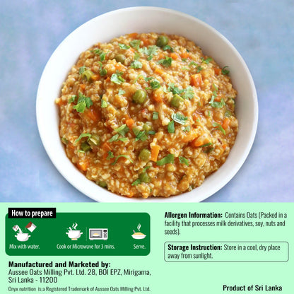 A bowl of oatmeal porridge with visible oats, carrots, peas, and chopped green herbs on a blue background, with a green informational panel showing preparation, allergen info, and manufacturer details.