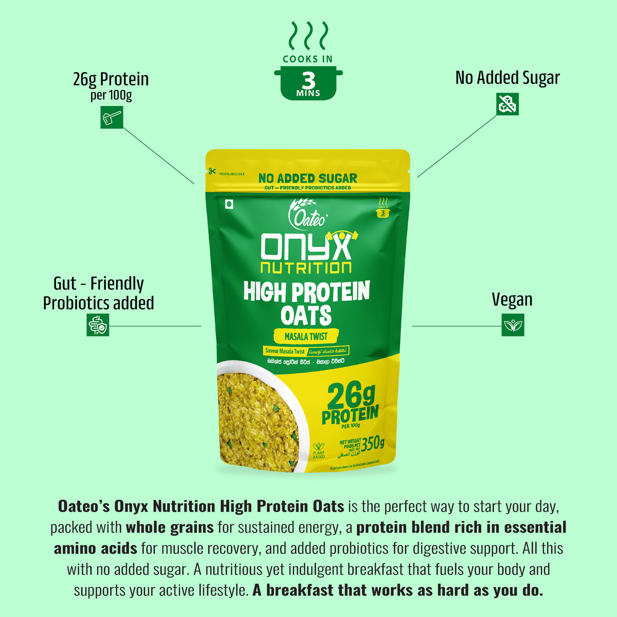 Oateo Onyx Nutrition High Protein Oats in a green and yellow pouch, presented on a light green background with feature callouts such as 26g protein per 100g, cooks in 3 minutes, no added sugar, gut-friendly probiotics, and vegan.