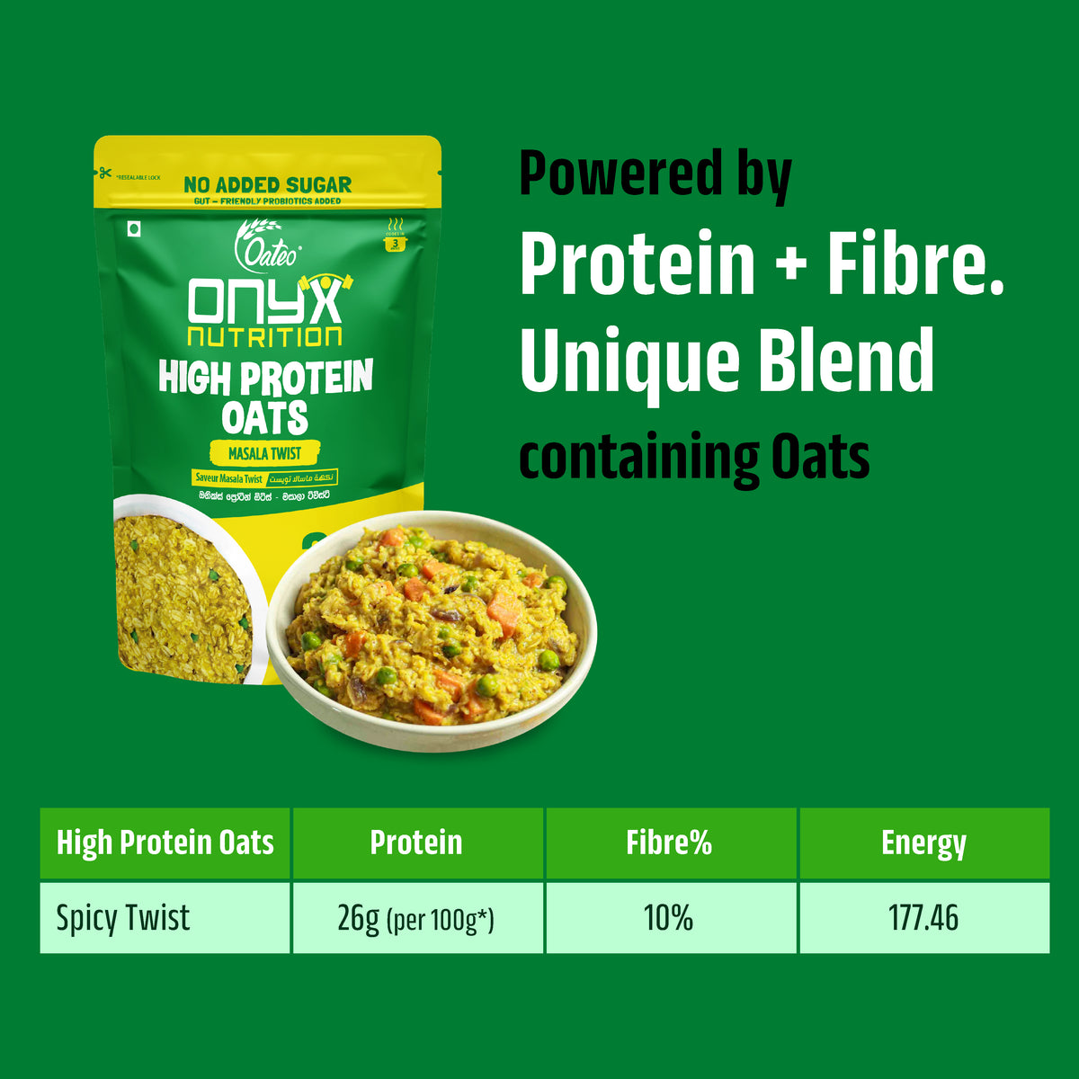 Onyx Nutrition High Protein Oats Spicy Twist in a green and yellow pouch, shown next to a bowl of prepared oatmeal on a green background with product details and a nutritional table.