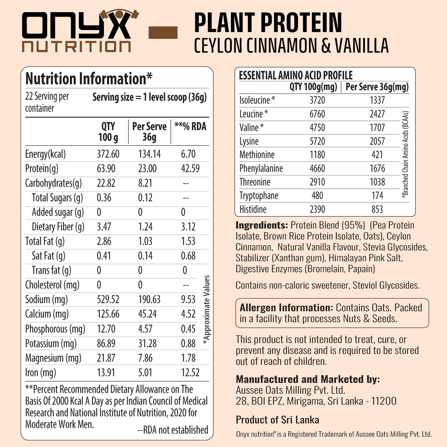 Ceylon Cinnamon & Vanilla -  Plant Based Protein Powder 800g Jar